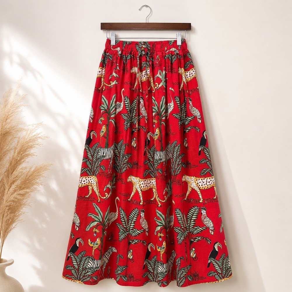 Vtg Handmade Safari Jungle Animal Print Maxi Skirt S/M Red Tropical Boho Resort